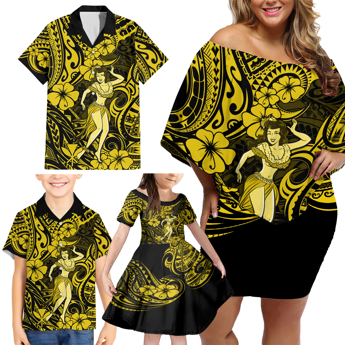 Hawaii Hula Girl Family Matching Off Shoulder Short Dress and Hawaiian Shirt Hibiscus Hawaii Tribal Tattoo Yellow Version - Wonder Print Shop