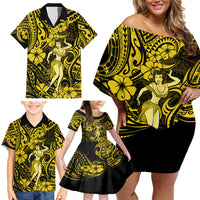 Hawaii Hula Girl Family Matching Off Shoulder Short Dress and Hawaiian Shirt Hibiscus Hawaii Tribal Tattoo Yellow Version - Wonder Print Shop