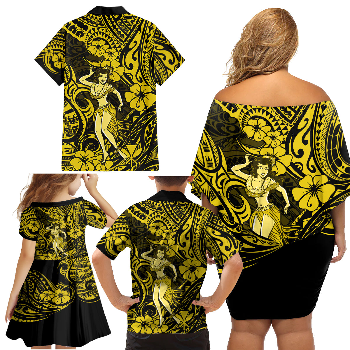 Hawaii Hula Girl Family Matching Off Shoulder Short Dress and Hawaiian Shirt Hibiscus Hawaii Tribal Tattoo Yellow Version - Wonder Print Shop