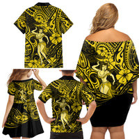 Hawaii Hula Girl Family Matching Off Shoulder Short Dress and Hawaiian Shirt Hibiscus Hawaii Tribal Tattoo Yellow Version - Wonder Print Shop