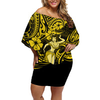 Hawaii Hula Girl Family Matching Off Shoulder Short Dress and Hawaiian Shirt Hibiscus Hawaii Tribal Tattoo Yellow Version - Wonder Print Shop