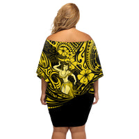 Hawaii Hula Girl Family Matching Off Shoulder Short Dress and Hawaiian Shirt Hibiscus Hawaii Tribal Tattoo Yellow Version - Wonder Print Shop