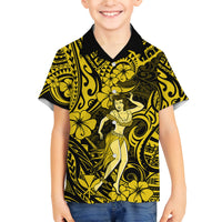Hawaii Hula Girl Family Matching Off Shoulder Short Dress and Hawaiian Shirt Hibiscus Hawaii Tribal Tattoo Yellow Version - Wonder Print Shop