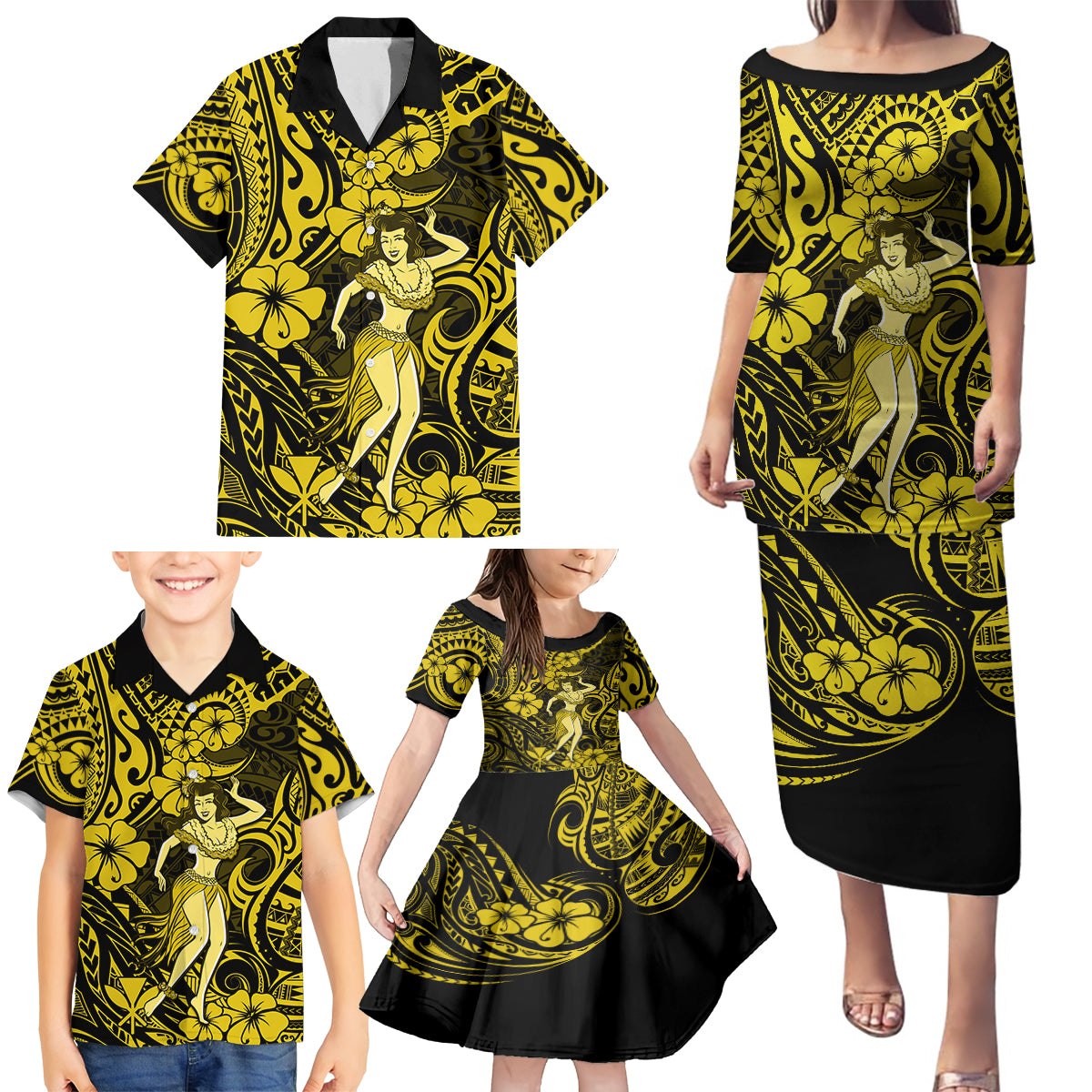 Hawaii Hula Girl Family Matching Puletasi Dress and Hawaiian Shirt Hibiscus Hawaii Tribal Tattoo Yellow Version - Wonder Print Shop