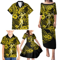 Hawaii Hula Girl Family Matching Puletasi Dress and Hawaiian Shirt Hibiscus Hawaii Tribal Tattoo Yellow Version - Wonder Print Shop
