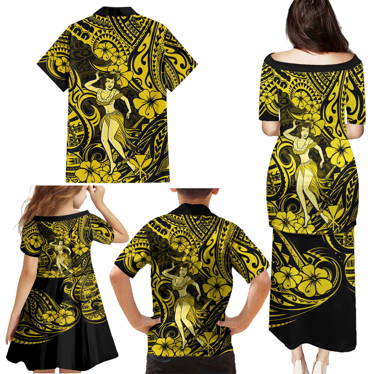 Hawaii Hula Girl Family Matching Puletasi Dress and Hawaiian Shirt Hibiscus Hawaii Tribal Tattoo Yellow Version - Wonder Print Shop