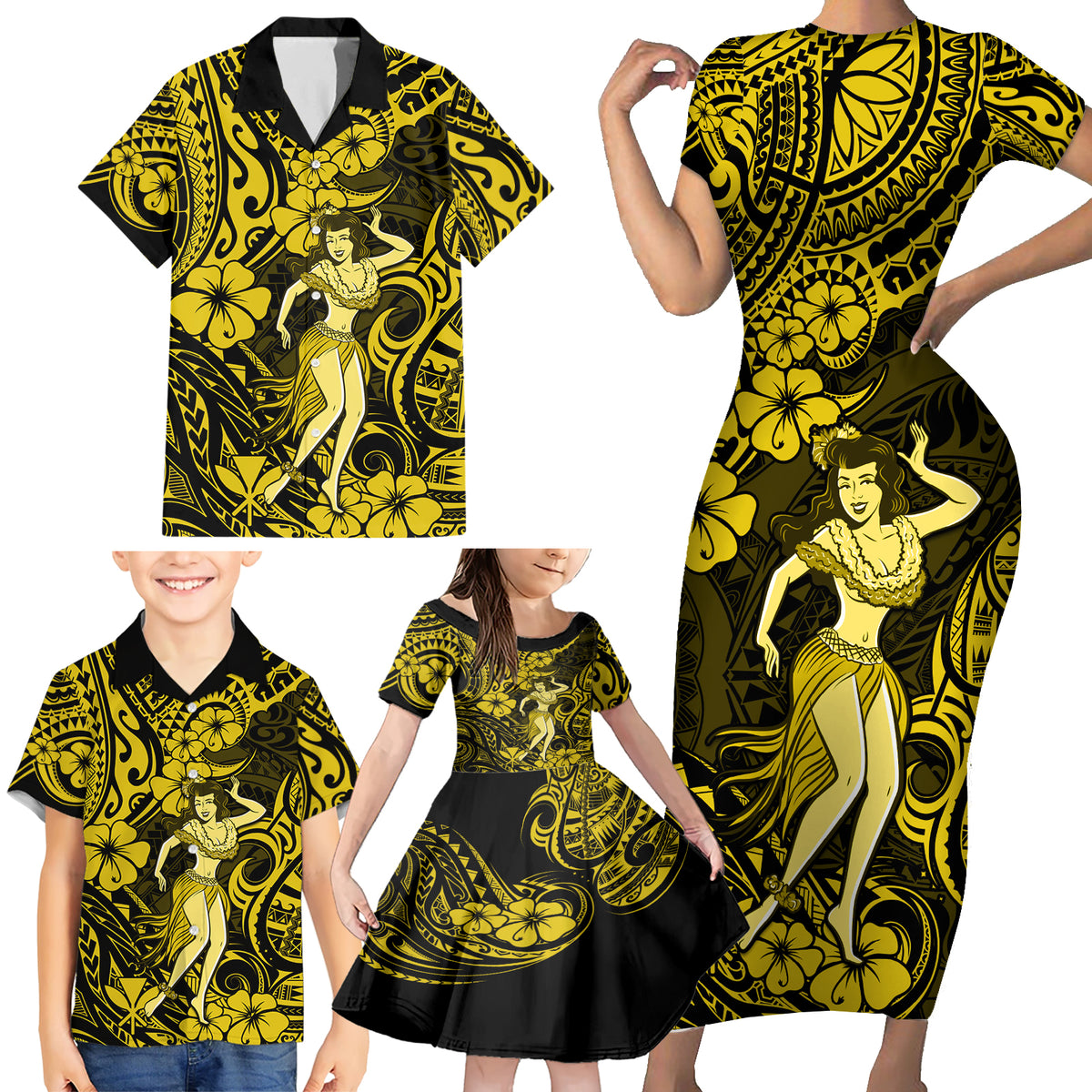 Hawaii Hula Girl Family Matching Short Sleeve Bodycon Dress and Hawaiian Shirt Hibiscus Hawaii Tribal Tattoo Yellow Version - Wonder Print Shop
