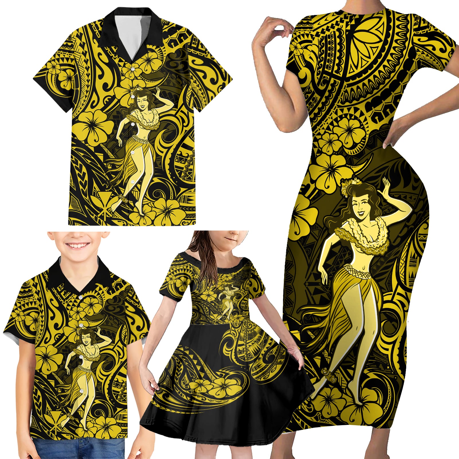 Hawaii Hula Girl Family Matching Short Sleeve Bodycon Dress and Hawaiian Shirt Hibiscus Hawaii Tribal Tattoo Yellow Version - Wonder Print Shop