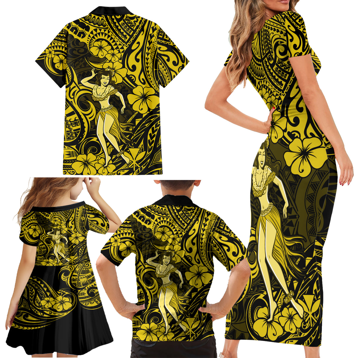 Hawaii Hula Girl Family Matching Short Sleeve Bodycon Dress and Hawaiian Shirt Hibiscus Hawaii Tribal Tattoo Yellow Version - Wonder Print Shop