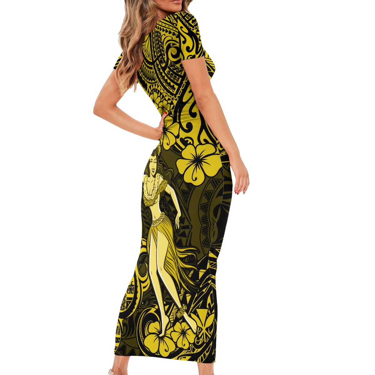 Hawaii Hula Girl Family Matching Short Sleeve Bodycon Dress and Hawaiian Shirt Hibiscus Hawaii Tribal Tattoo Yellow Version - Wonder Print Shop