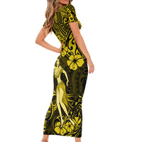 Hawaii Hula Girl Family Matching Short Sleeve Bodycon Dress and Hawaiian Shirt Hibiscus Hawaii Tribal Tattoo Yellow Version - Wonder Print Shop