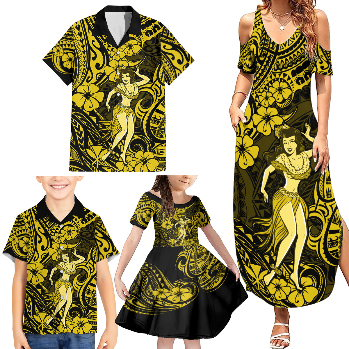 Hawaii Hula Girl Family Matching Summer Maxi Dress and Hawaiian Shirt Hibiscus Hawaii Tribal Tattoo Yellow Version - Wonder Print Shop
