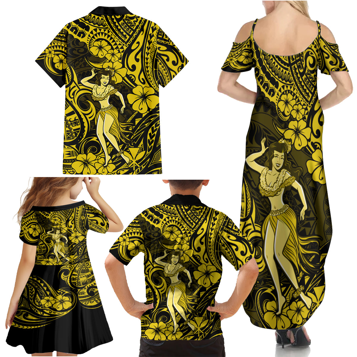 Hawaii Hula Girl Family Matching Summer Maxi Dress and Hawaiian Shirt Hibiscus Hawaii Tribal Tattoo Yellow Version - Wonder Print Shop