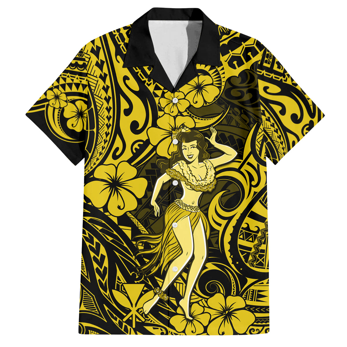 Hawaii Hula Girl Family Matching Summer Maxi Dress and Hawaiian Shirt Hibiscus Hawaii Tribal Tattoo Yellow Version - Wonder Print Shop