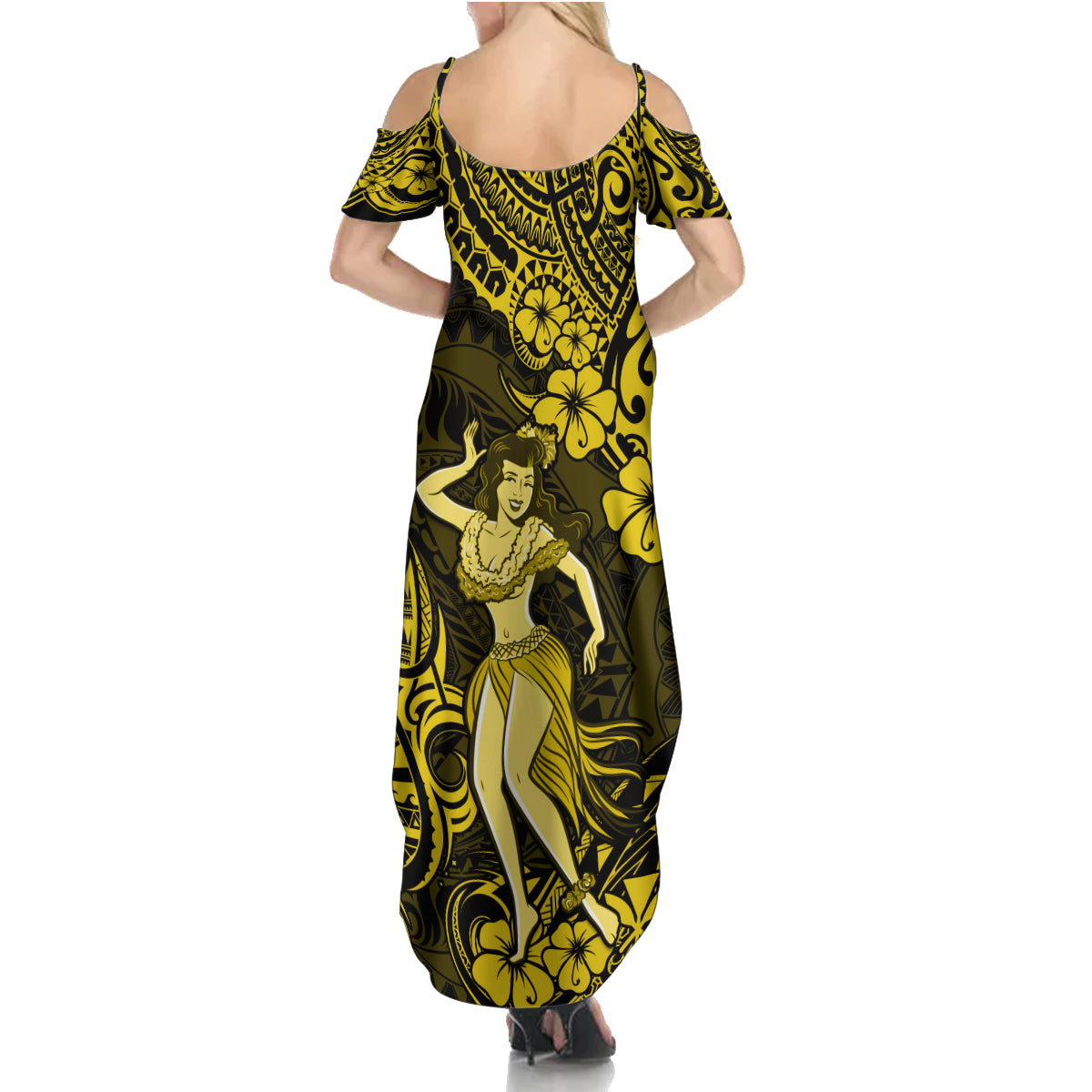 Hawaii Hula Girl Family Matching Summer Maxi Dress and Hawaiian Shirt Hibiscus Hawaii Tribal Tattoo Yellow Version - Wonder Print Shop