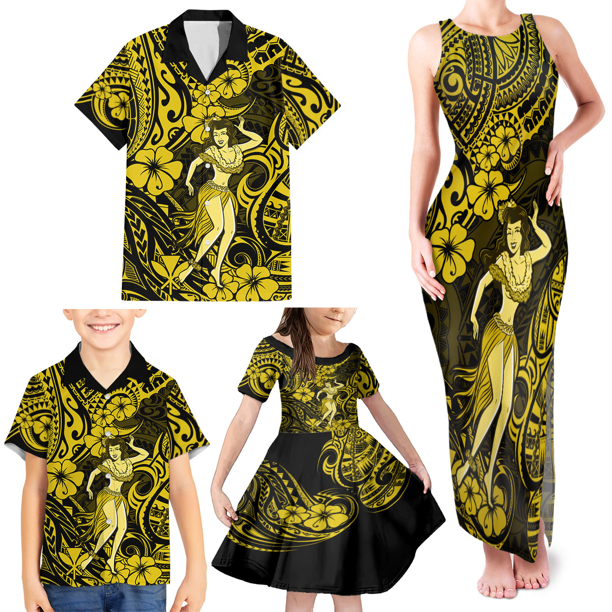 Hawaii Hula Girl Family Matching Tank Maxi Dress and Hawaiian Shirt Hibiscus Hawaii Tribal Tattoo Yellow Version - Wonder Print Shop