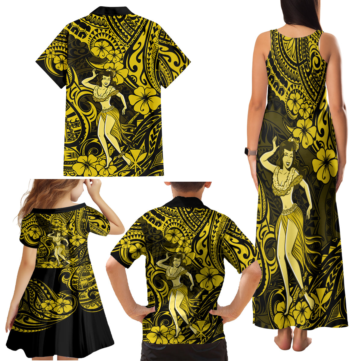 Hawaii Hula Girl Family Matching Tank Maxi Dress and Hawaiian Shirt Hibiscus Hawaii Tribal Tattoo Yellow Version - Wonder Print Shop