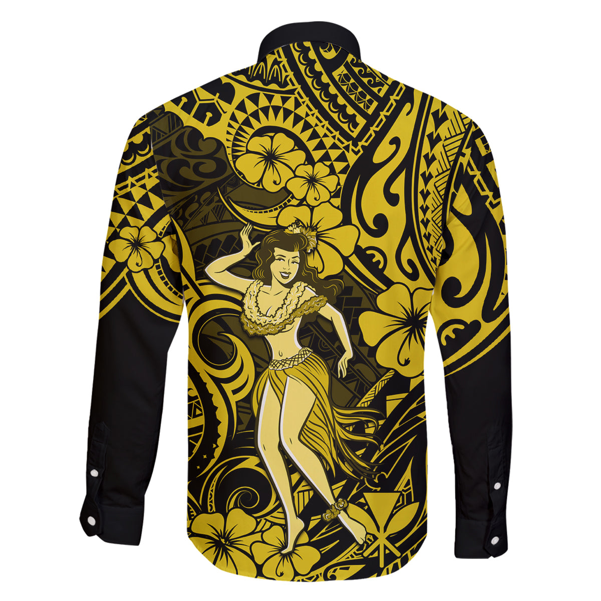 Hawaii Hula Girl Family Matching Tank Maxi Dress and Hawaiian Shirt Hibiscus Hawaii Tribal Tattoo Yellow Version - Wonder Print Shop