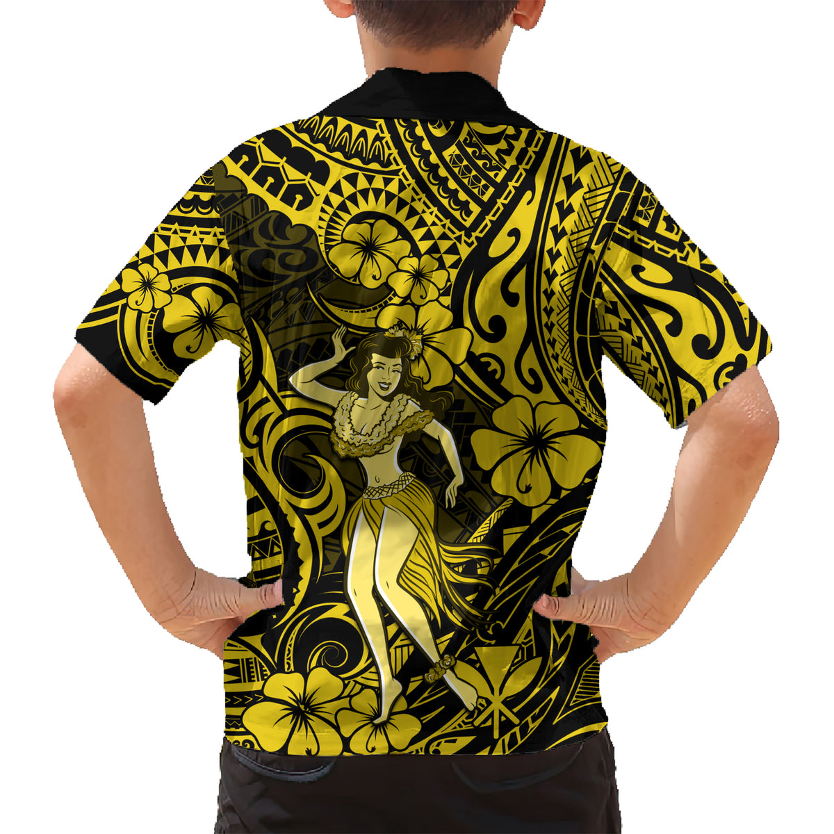 Hawaii Hula Girl Kid Hawaiian Shirt Hibiscus Hawaii Tribal Tattoo Yellow Version - Wonder Print Shop
