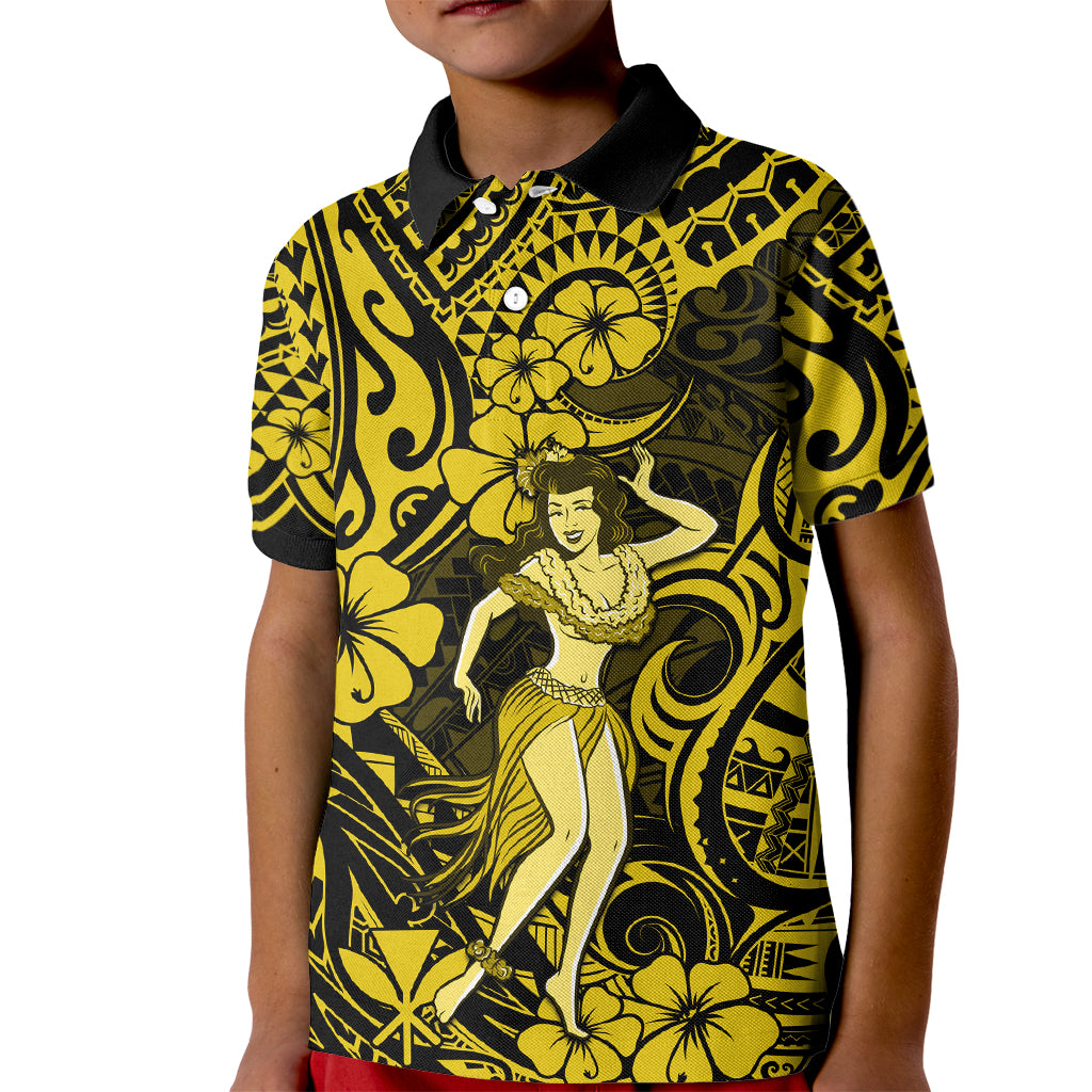 Hawaii Hula Girl Kid Polo Shirt Hibiscus Hawaii Tribal Tattoo Yellow Version - Wonder Print Shop