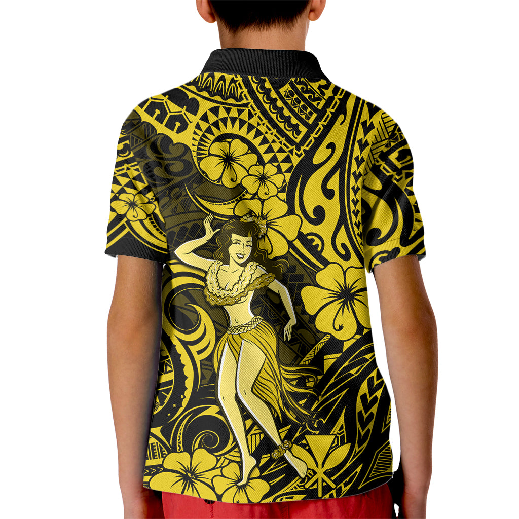 Hawaii Hula Girl Kid Polo Shirt Hibiscus Hawaii Tribal Tattoo Yellow Version - Wonder Print Shop