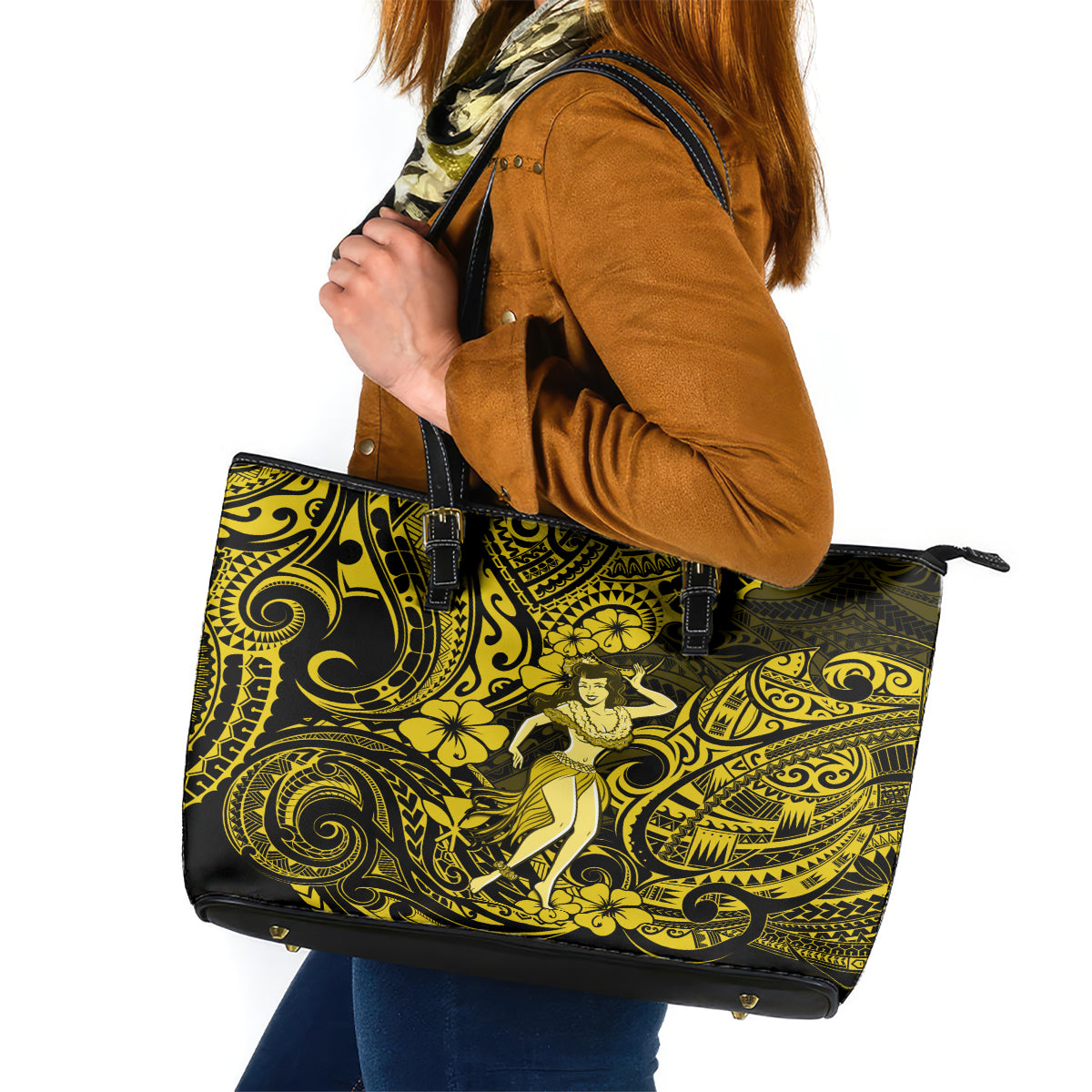 Hawaii Hula Girl Leather Tote Bag Hibiscus Hawaii Tribal Tattoo Yellow Version - Wonder Print Shop