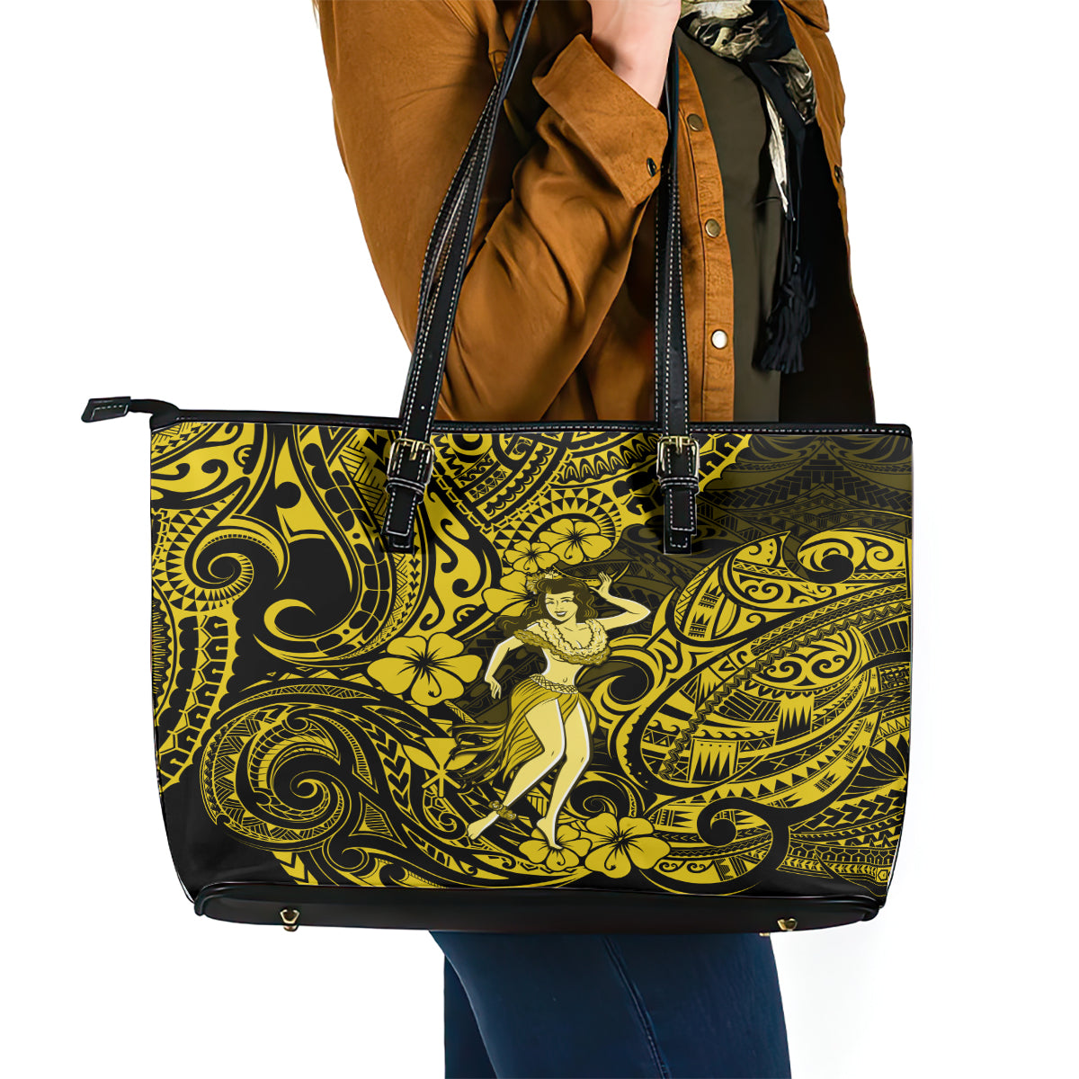 Hawaii Hula Girl Leather Tote Bag Hibiscus Hawaii Tribal Tattoo Yellow Version - Wonder Print Shop