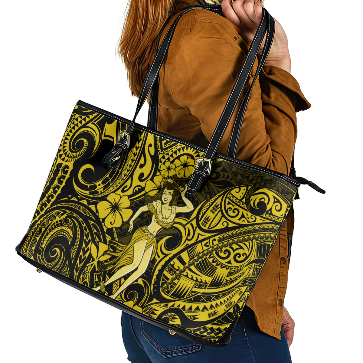 Hawaii Hula Girl Leather Tote Bag Hibiscus Hawaii Tribal Tattoo Yellow Version - Wonder Print Shop