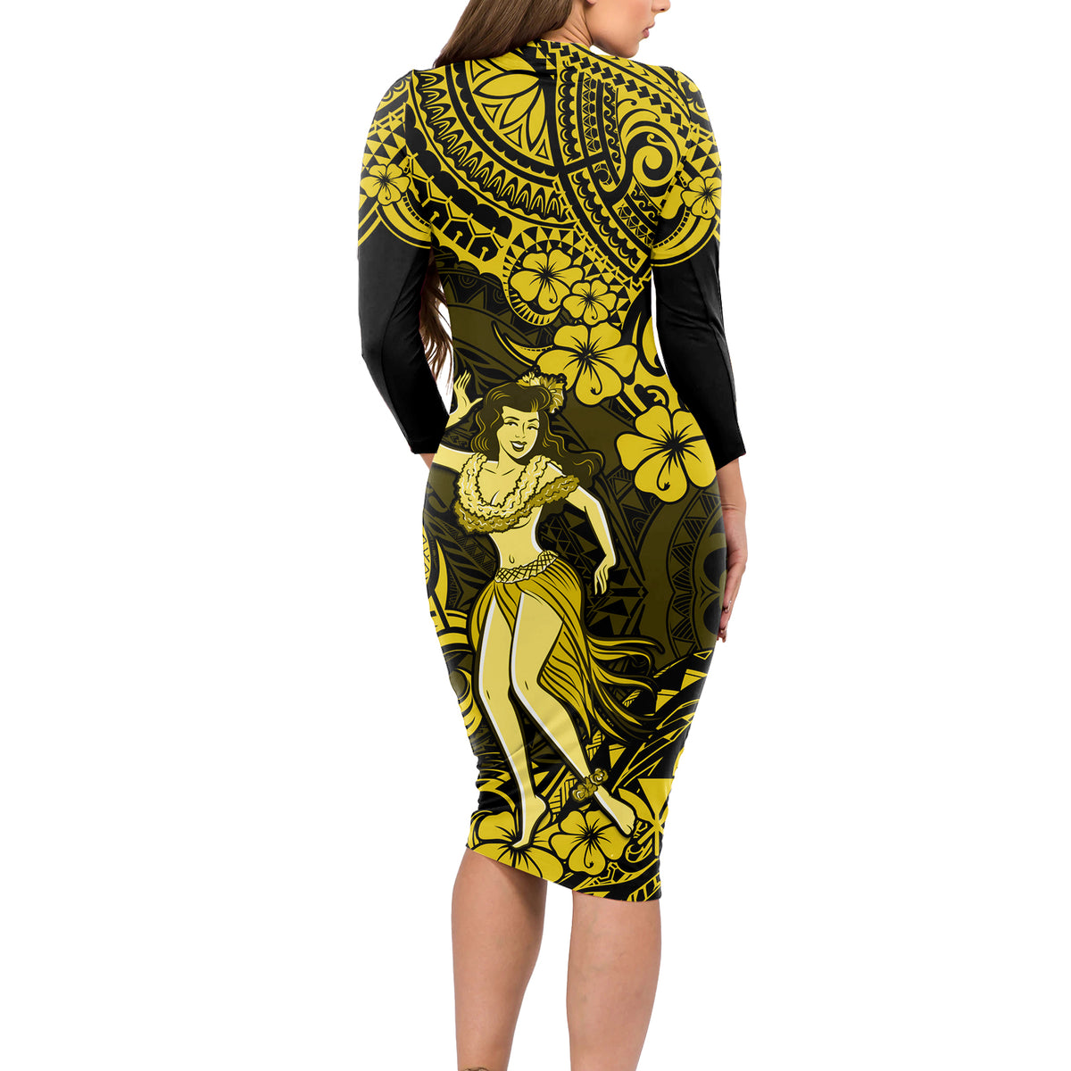 Hawaii Hula Girl Long Sleeve Bodycon Dress Hibiscus Hawaii Tribal Tattoo Yellow Version - Wonder Print Shop