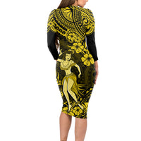 Hawaii Hula Girl Long Sleeve Bodycon Dress Hibiscus Hawaii Tribal Tattoo Yellow Version - Wonder Print Shop