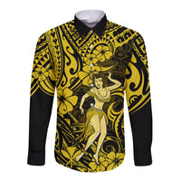 Hawaii Hula Girl Long Sleeve Button Shirt Hibiscus Hawaii Tribal Tattoo Yellow Version - Wonder Print Shop
