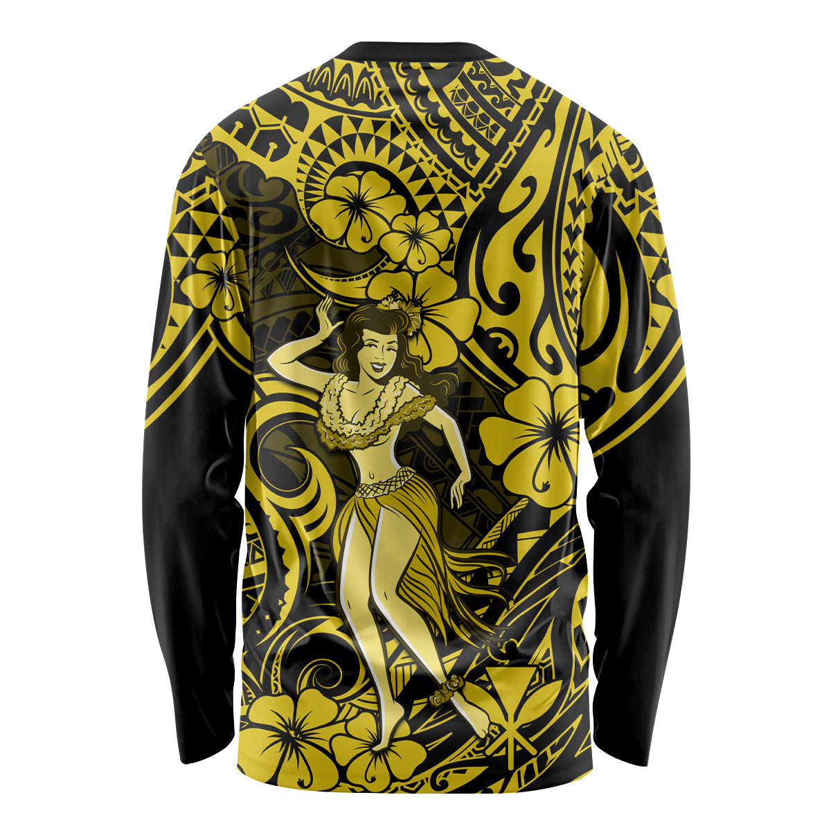 Hawaii Hula Girl Long Sleeve Shirt Hibiscus Hawaii Tribal Tattoo Yellow Version - Wonder Print Shop