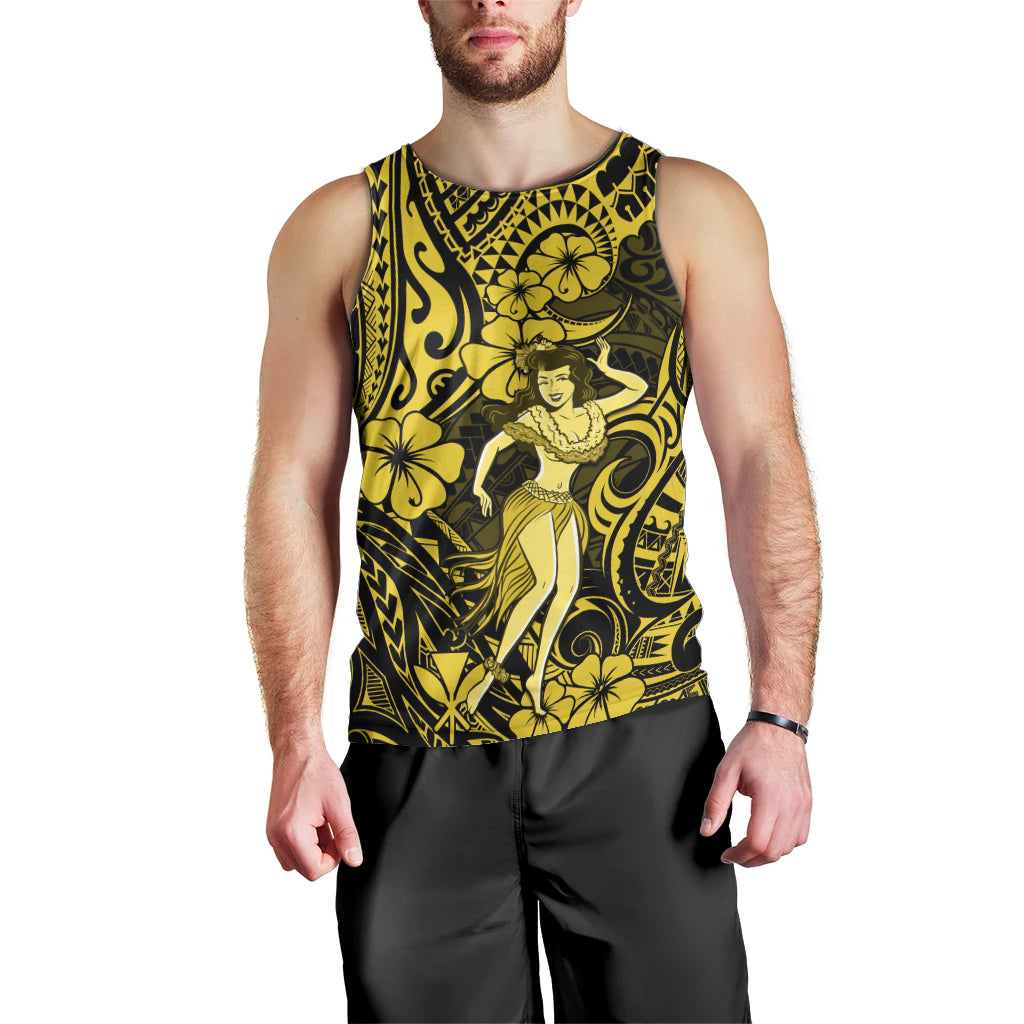 Hawaii Hula Girl Men Tank Top Hibiscus Hawaii Tribal Tattoo Yellow Version - Wonder Print Shop