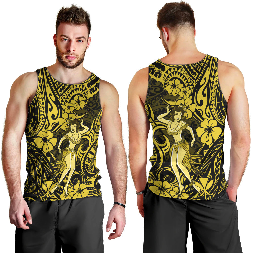 Hawaii Hula Girl Men Tank Top Hibiscus Hawaii Tribal Tattoo Yellow Version - Wonder Print Shop