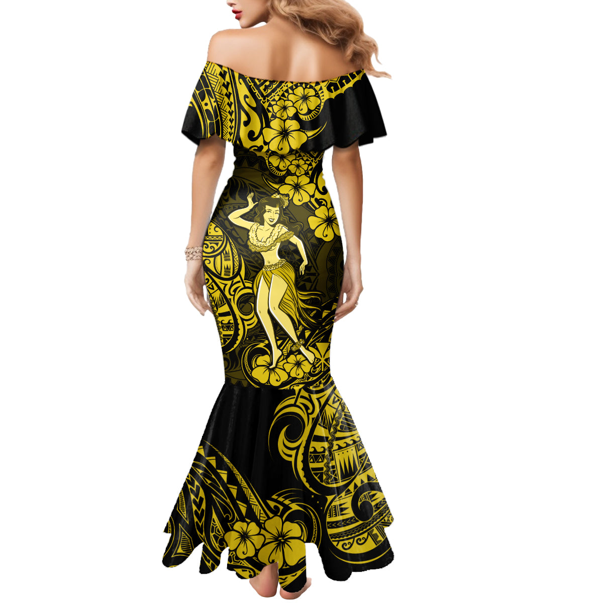 Hawaii Hula Girl Mermaid Dress Hibiscus Hawaii Tribal Tattoo Yellow Version - Wonder Print Shop