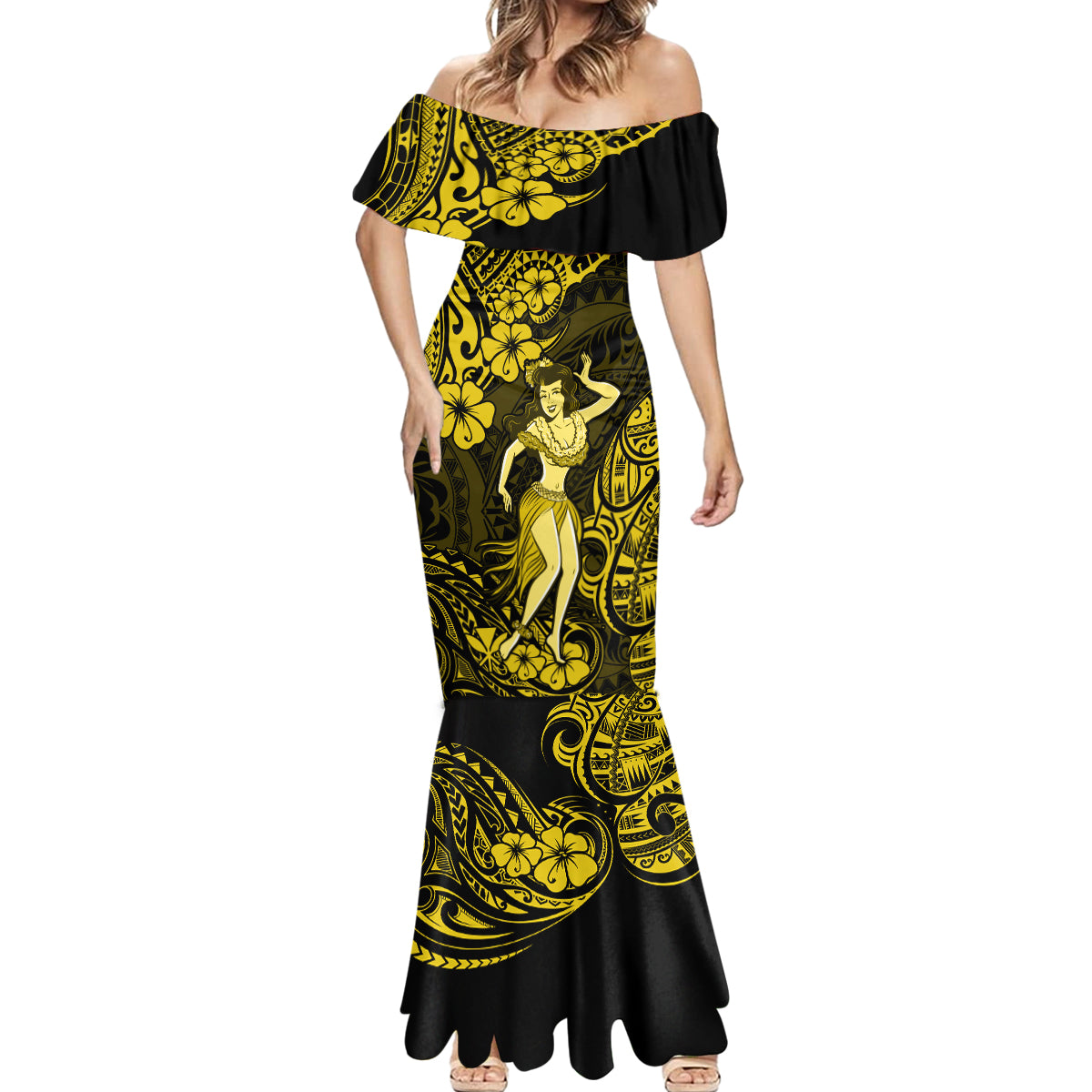 Hawaii Hula Girl Mermaid Dress Hibiscus Hawaii Tribal Tattoo Yellow Version - Wonder Print Shop