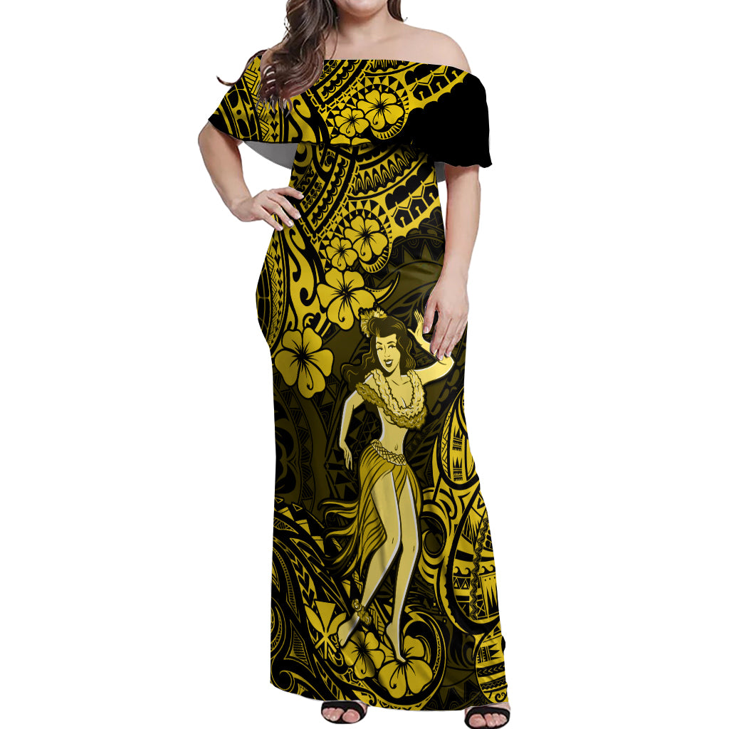 Hawaii Hula Girl Off Shoulder Maxi Dress Hibiscus Hawaii Tribal Tattoo Yellow Version - Wonder Print Shop