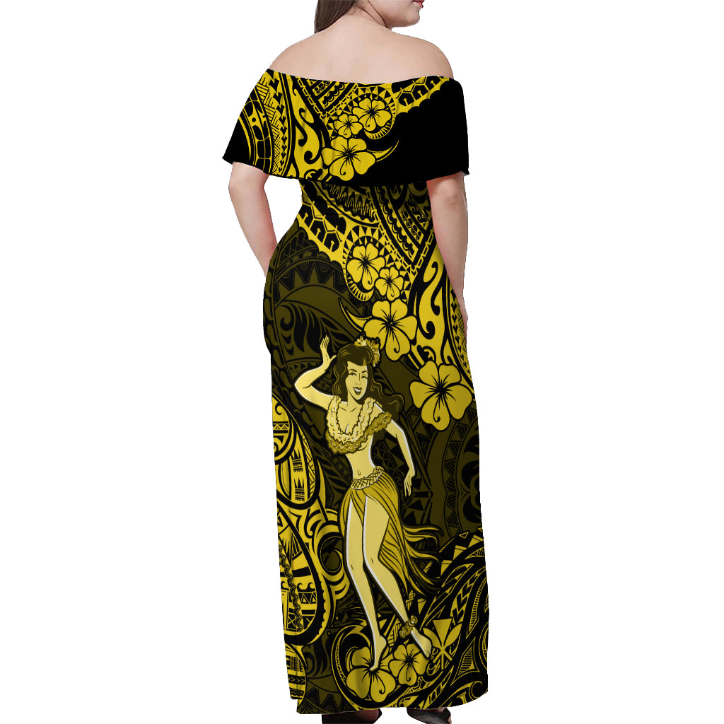 Hawaii Hula Girl Off Shoulder Maxi Dress Hibiscus Hawaii Tribal Tattoo Yellow Version - Wonder Print Shop