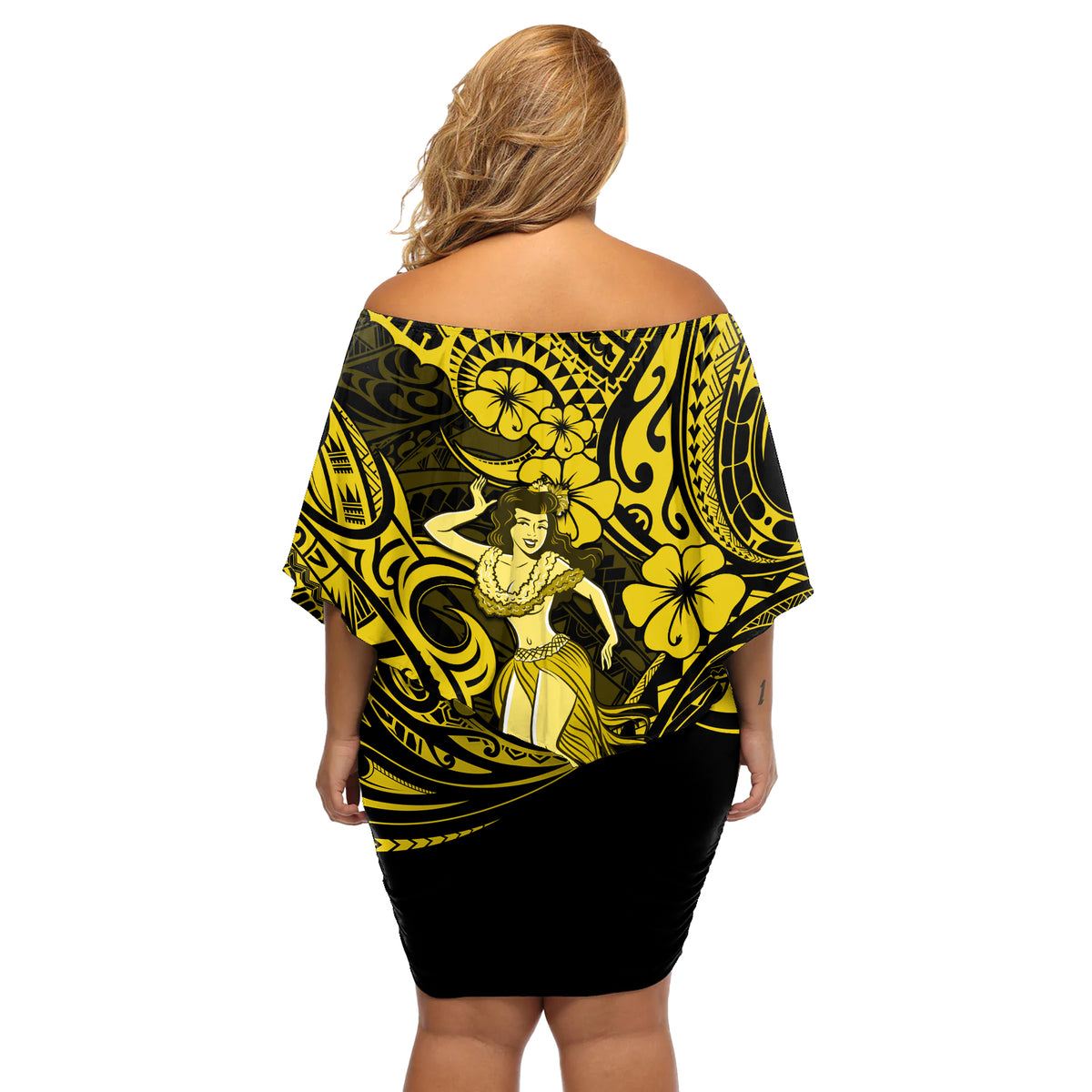 Hawaii Hula Girl Off Shoulder Short Dress Hibiscus Hawaii Tribal Tattoo Yellow Version - Wonder Print Shop