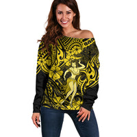 Hawaii Hula Girl Off Shoulder Sweater Hibiscus Hawaii Tribal Tattoo Yellow Version - Wonder Print Shop