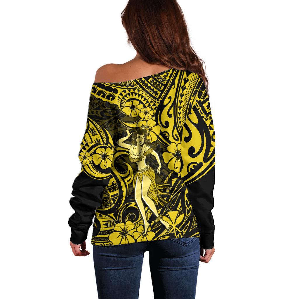 Hawaii Hula Girl Off Shoulder Sweater Hibiscus Hawaii Tribal Tattoo Yellow Version - Wonder Print Shop