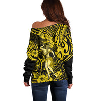 Hawaii Hula Girl Off Shoulder Sweater Hibiscus Hawaii Tribal Tattoo Yellow Version - Wonder Print Shop