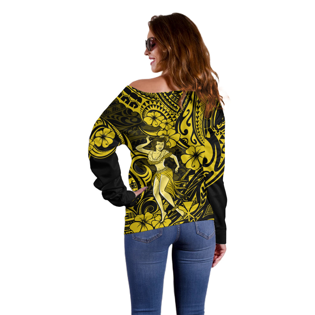 Hawaii Hula Girl Off Shoulder Sweater Hibiscus Hawaii Tribal Tattoo Yellow Version - Wonder Print Shop