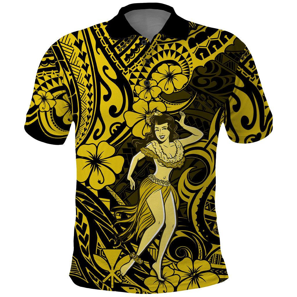Hawaii Hula Girl Polo Shirt Hibiscus Hawaii Tribal Tattoo Yellow Version - Wonder Print Shop
