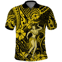 Hawaii Hula Girl Polo Shirt Hibiscus Hawaii Tribal Tattoo Yellow Version - Wonder Print Shop