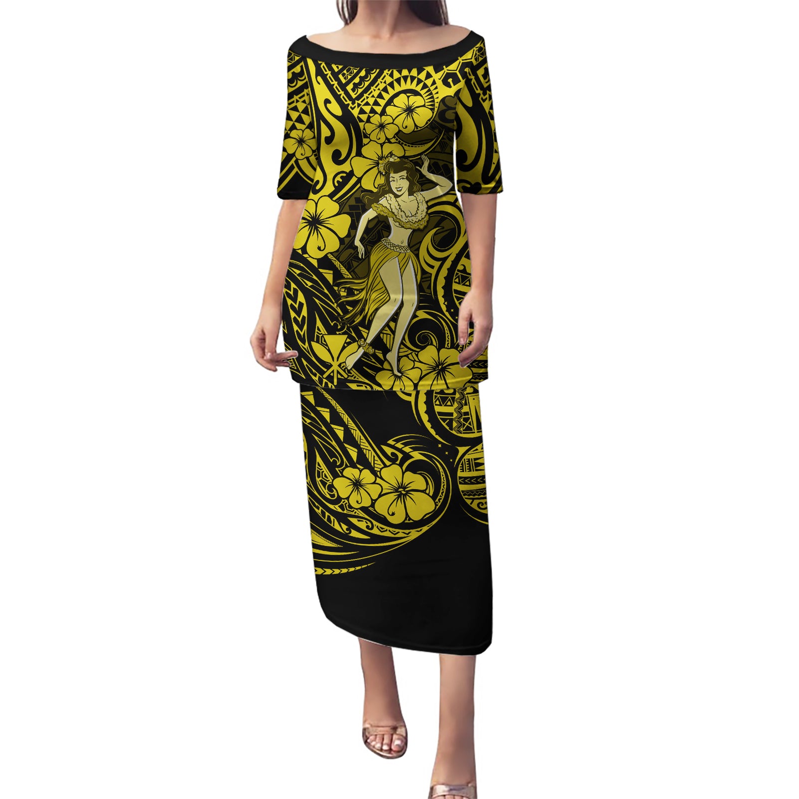 Hawaii Hula Girl Puletasi Hibiscus Hawaii Tribal Tattoo Yellow Version - Wonder Print Shop