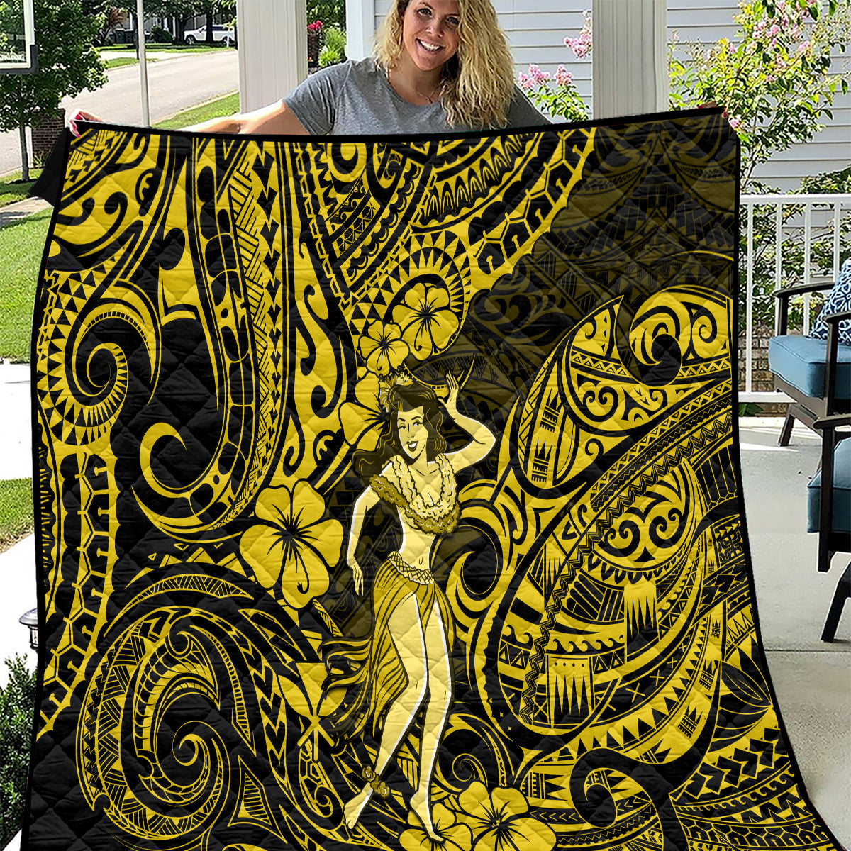 Hawaii Hula Girl Quilt Hibiscus Hawaii Tribal Tattoo Yellow Version - Wonder Print Shop