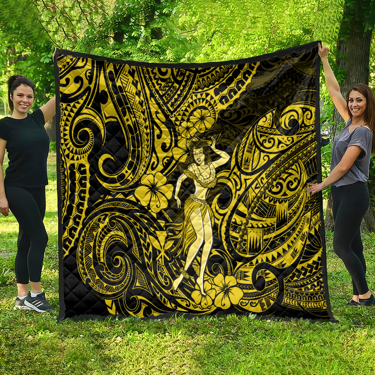 Hawaii Hula Girl Quilt Hibiscus Hawaii Tribal Tattoo Yellow Version - Wonder Print Shop