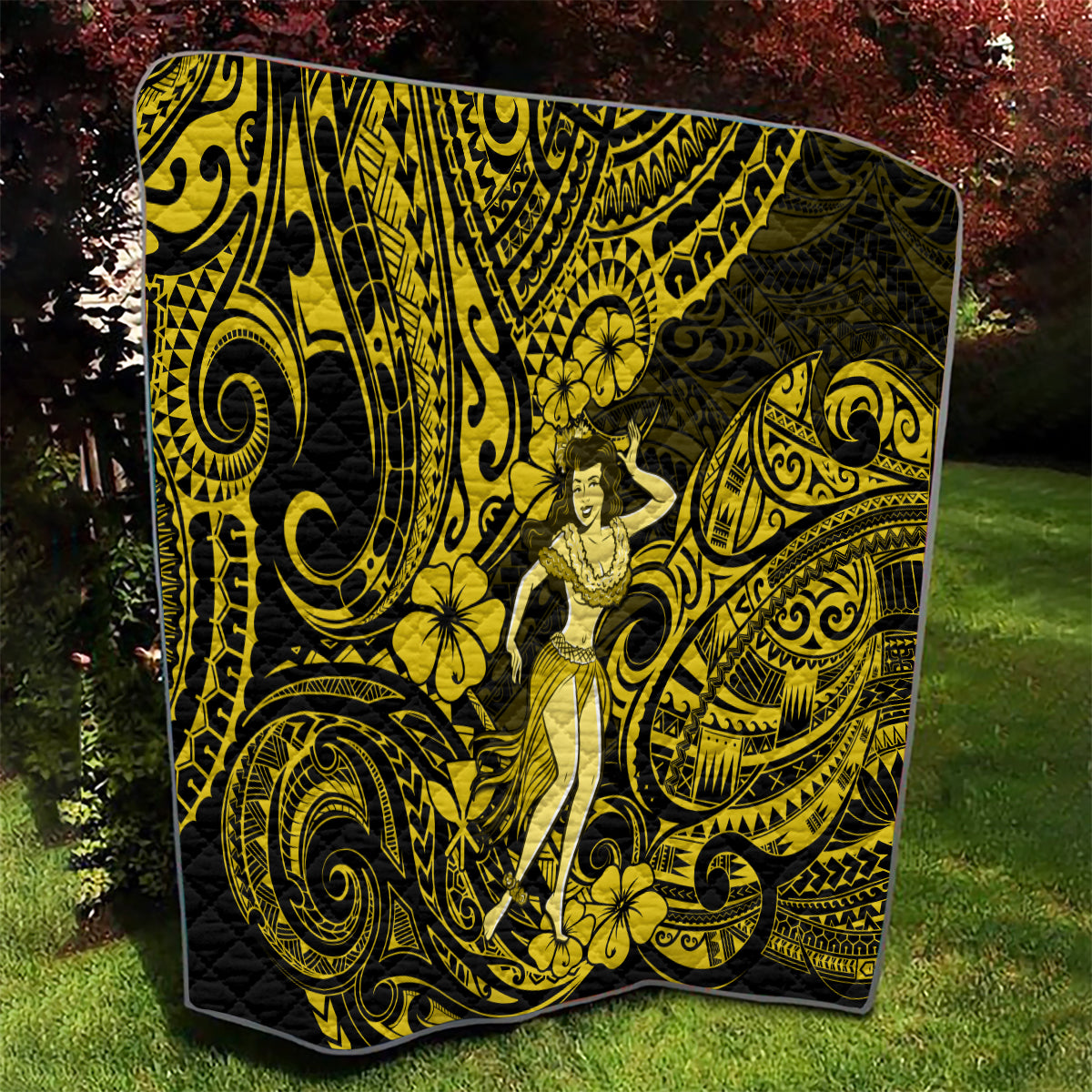 Hawaii Hula Girl Quilt Hibiscus Hawaii Tribal Tattoo Yellow Version - Wonder Print Shop