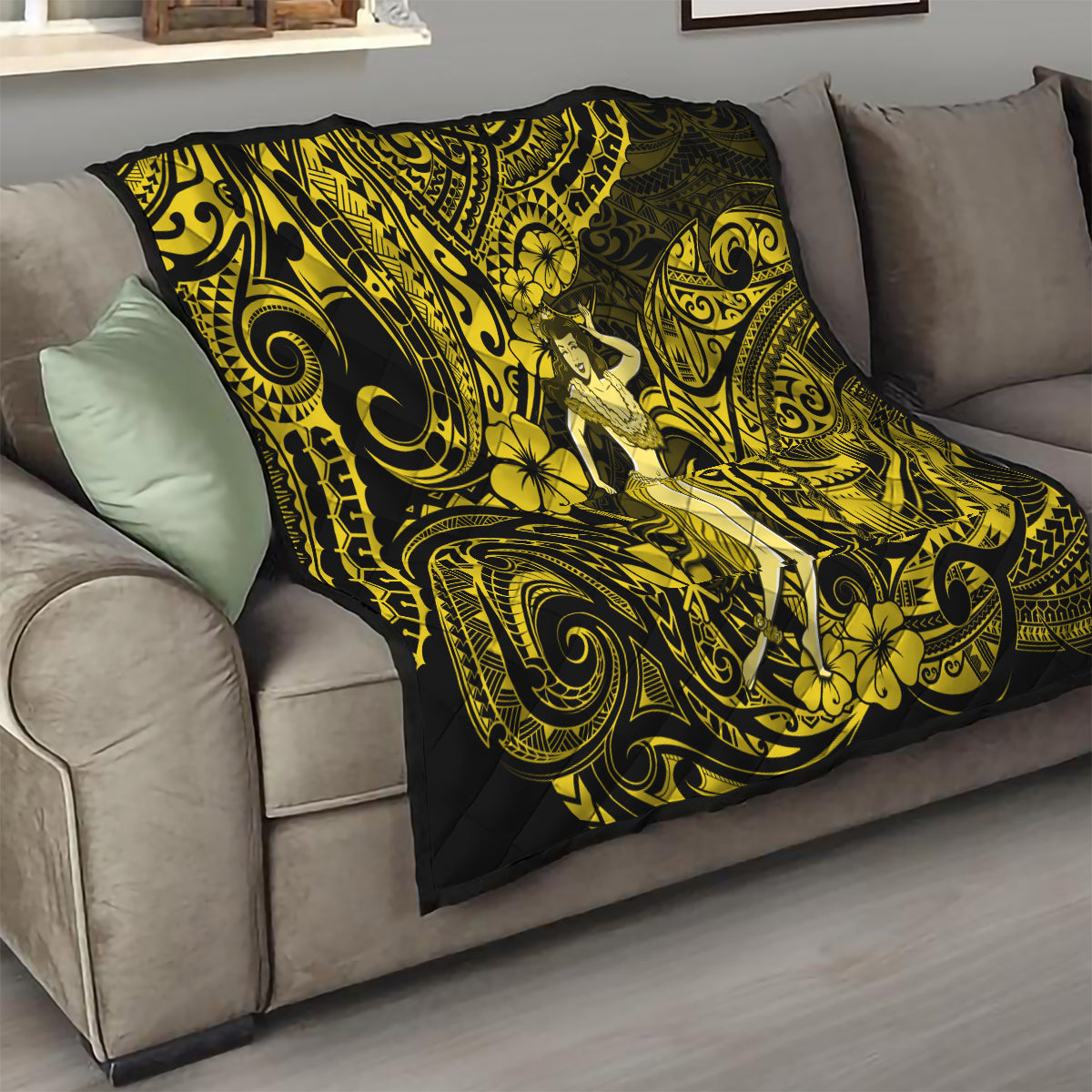 Hawaii Hula Girl Quilt Hibiscus Hawaii Tribal Tattoo Yellow Version - Wonder Print Shop